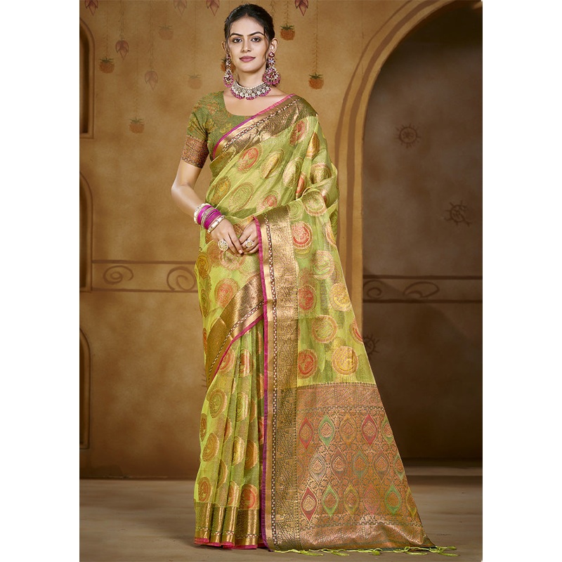 Light Green Organza Saree With Blouse Piece - JD986603587