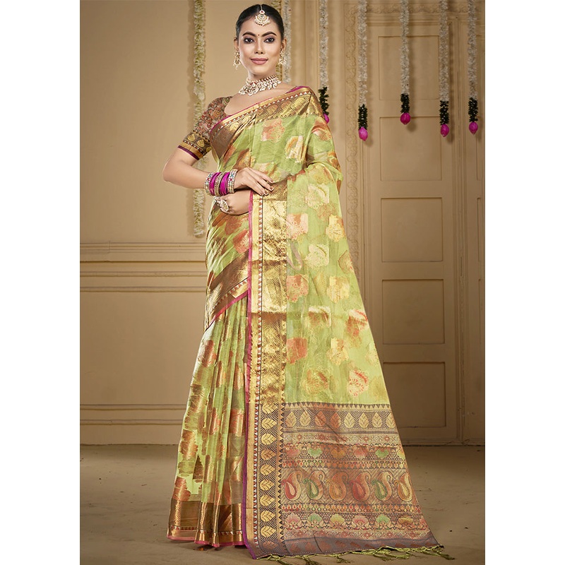 Light Green Organza Saree With Blouse Piece - JD986603588