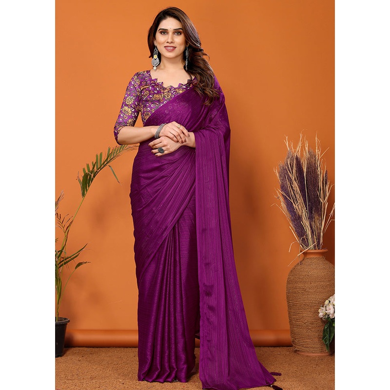 Magenta Spun Silk Saree With Blouse Piece - JD986603635