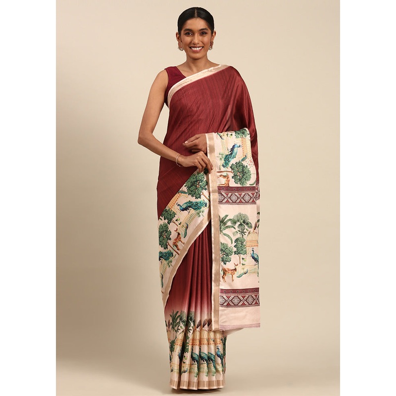 Maroon Cotton Saree With Blouse Piece - JD986603579
