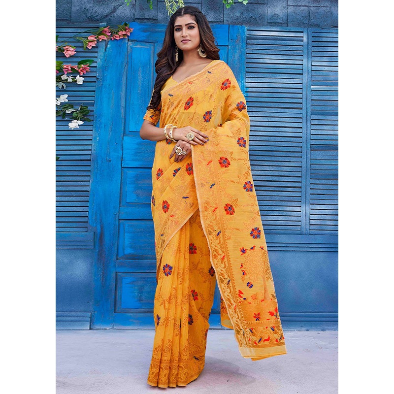 Mustard Kanjivaram Silk Saree With Blouse Piece - JD986603499