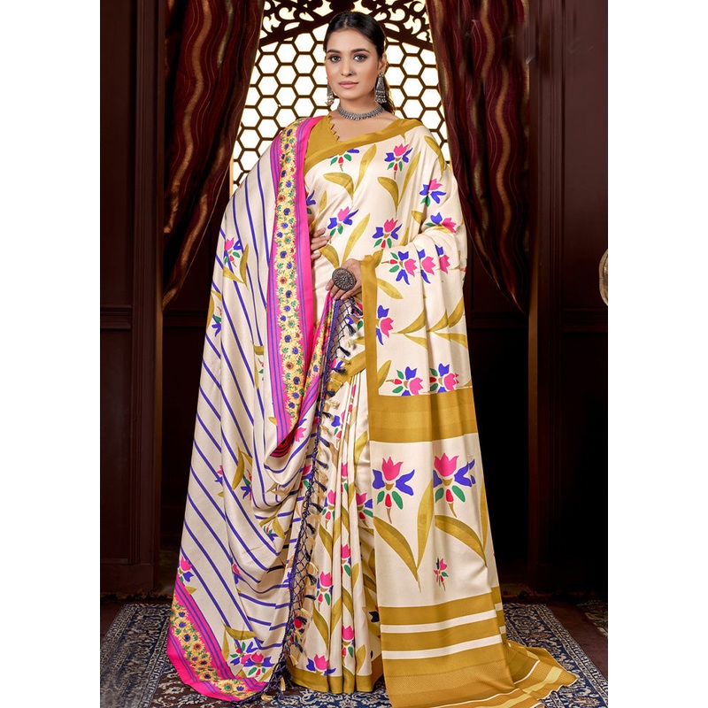 Mustard Pasmina Silk Saree With Shawl And Blouse Piece - JD986603498