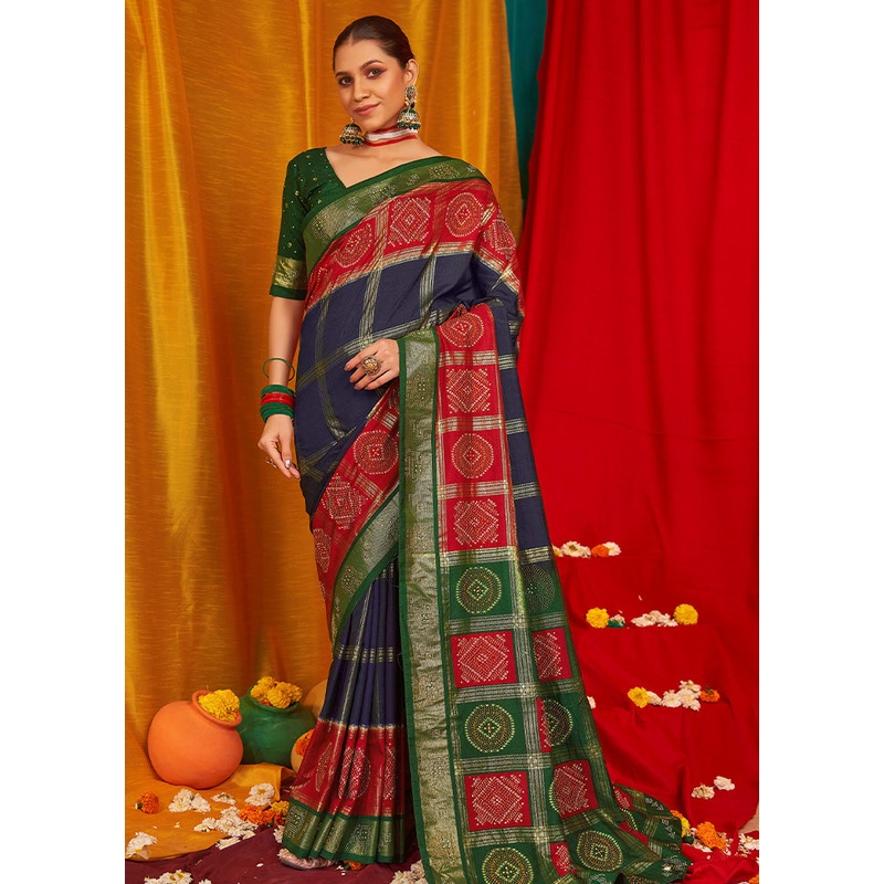 Navy Blue Tussar Silk Saree With Blouse Piece - JD986603496