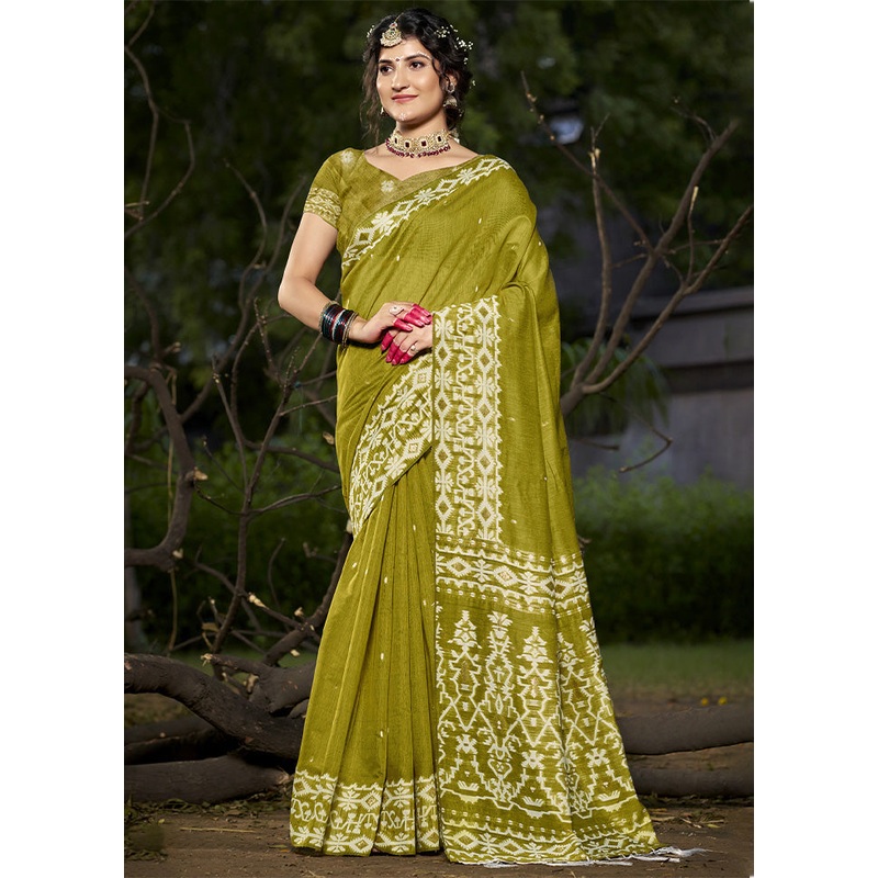 Olive Green Cotton Saree With Blouse Piece - JD986603578