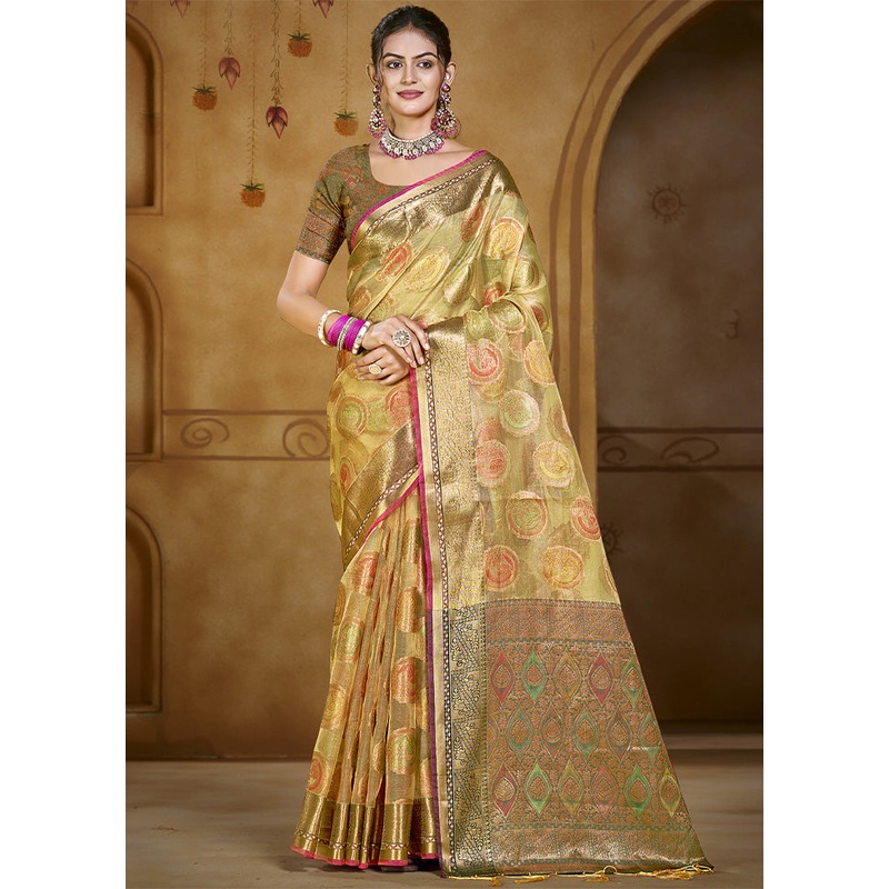 Olive Green Organza Saree With Blouse Piece - JD986603577