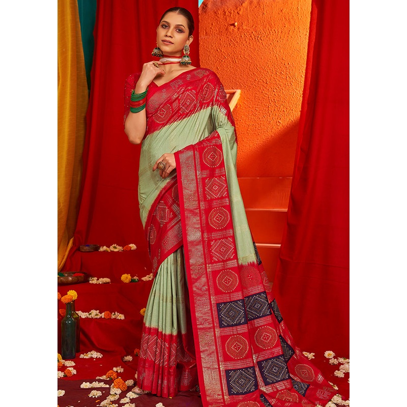 Olive Green Tussar Silk Saree With Blouse Piece - JD986603495