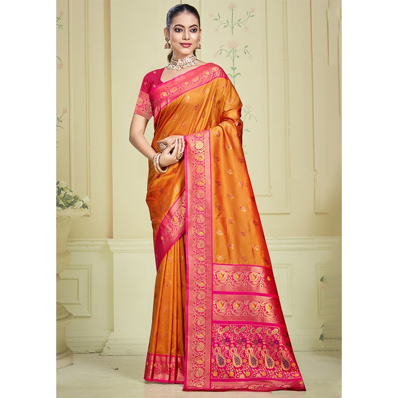 Orange Dupion Silk Saree With Blouse Piece - JD986603575