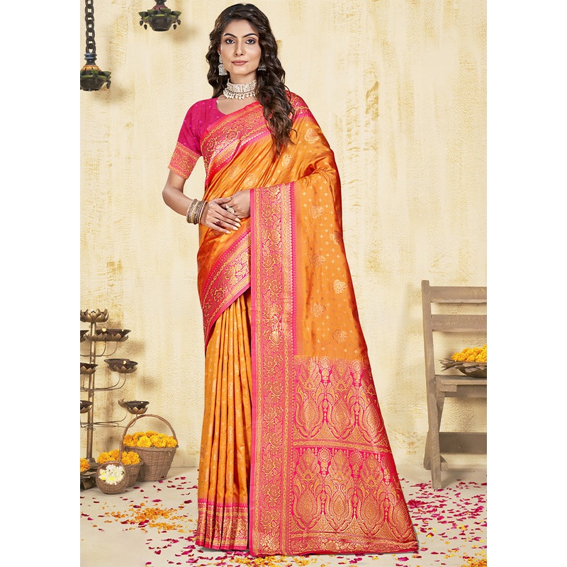 Orange Dupion Silk Saree With Blouse Piece - JD986603576