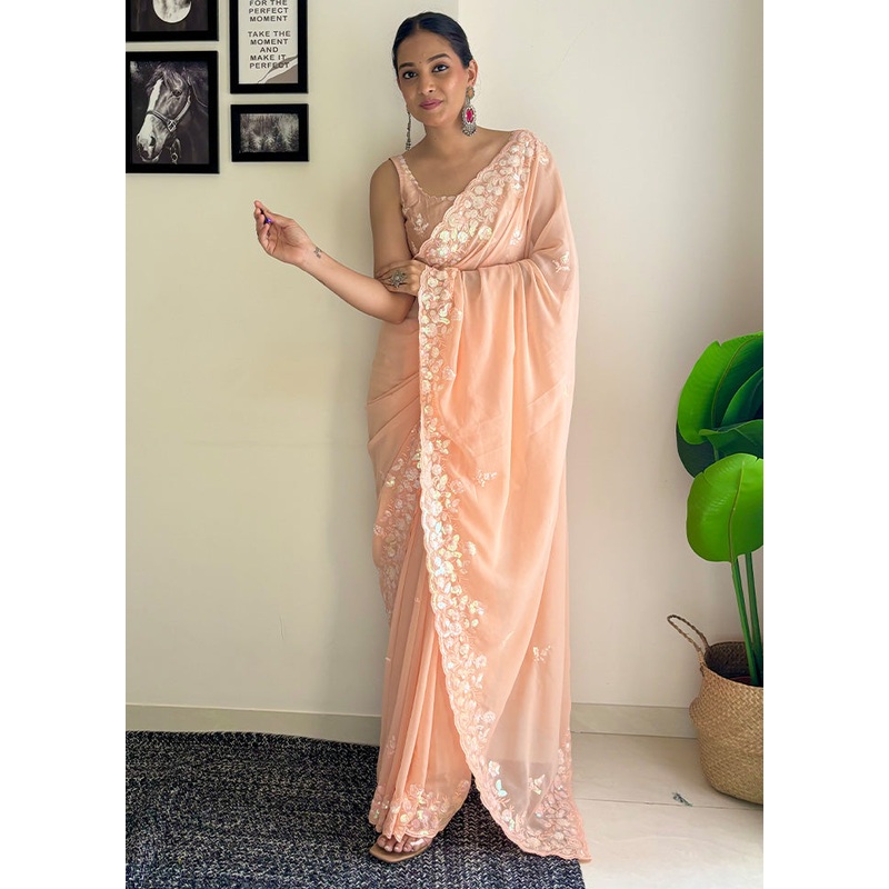 Peach Georgette Saree With Blouse Piece - JD986603626