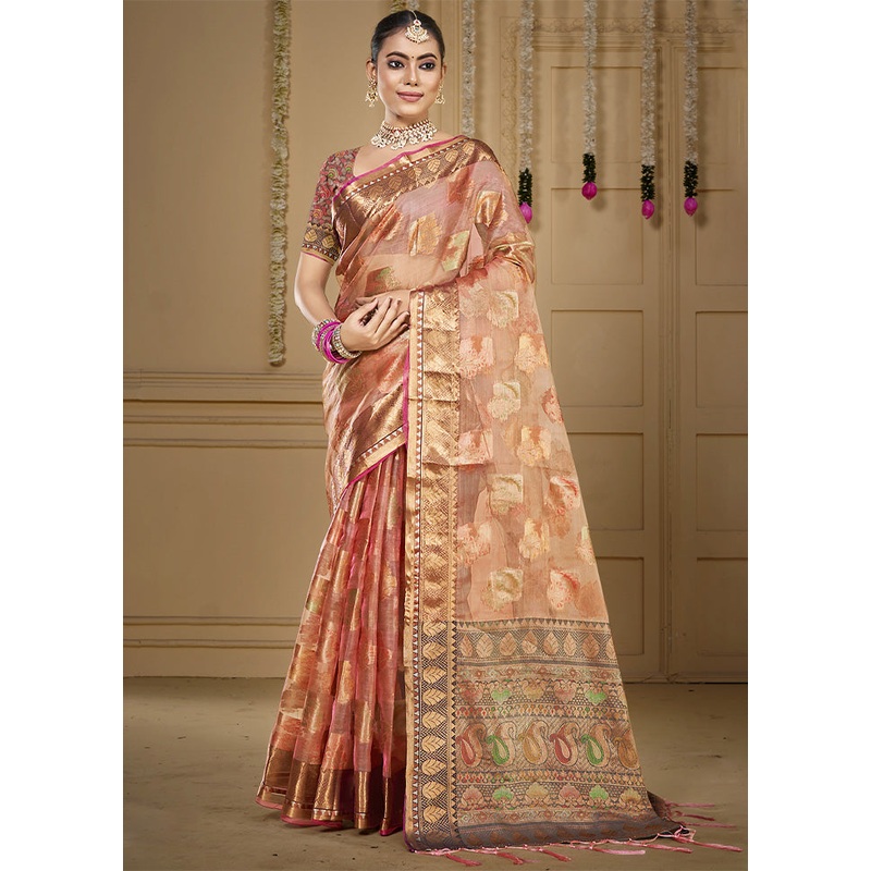 Peach Organza Saree With Blouse Piece - JD986603572