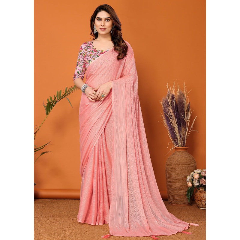 Peach Spun Silk Saree With Blouse Piece - JD986603625