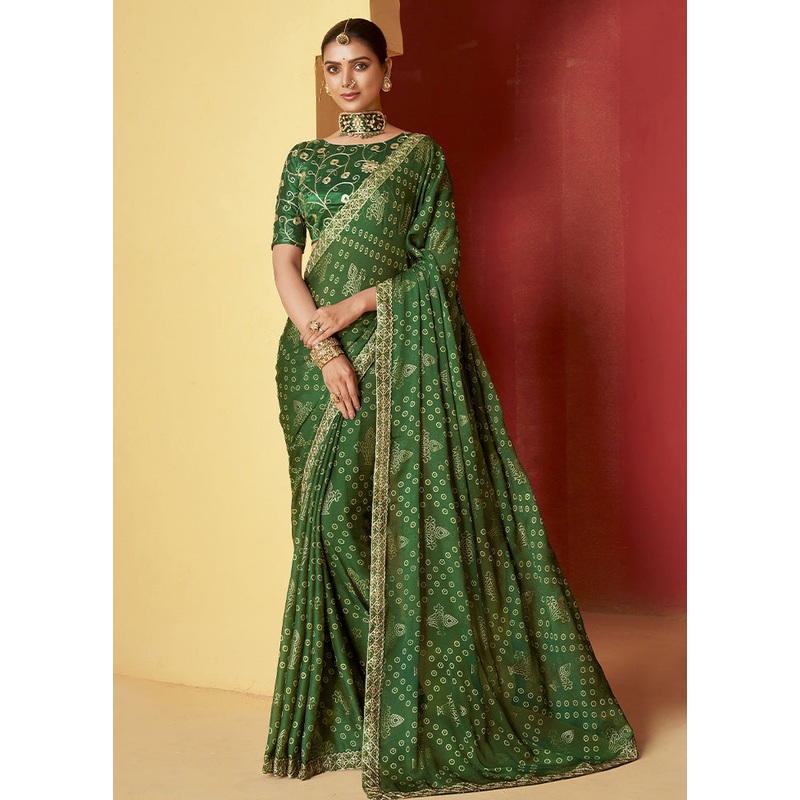 Pine Green Chiffon Silk Saree With Blouse Piece - JD986603490