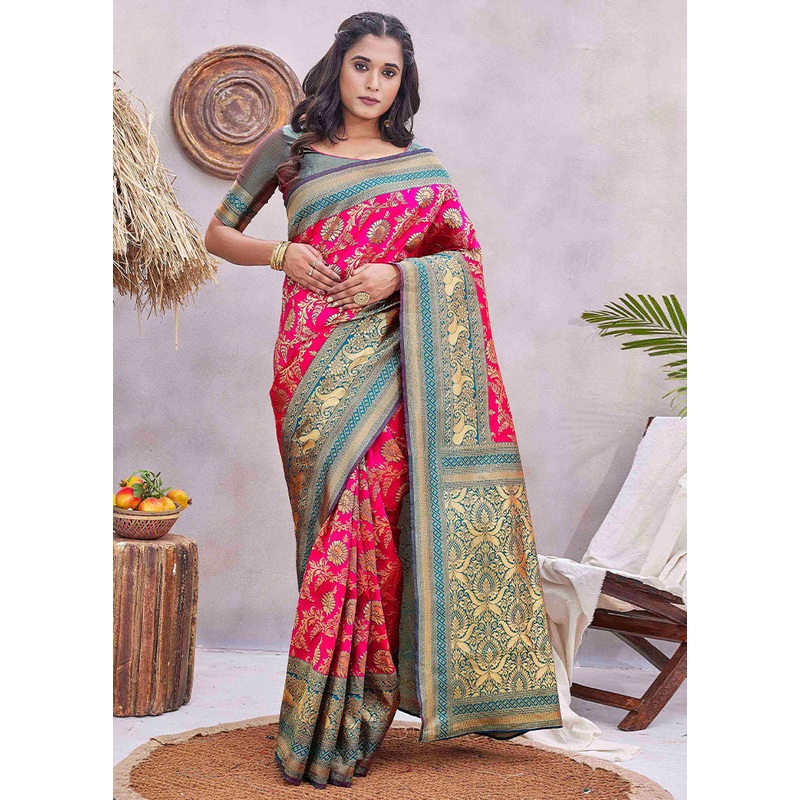 Pink Baluchari Silk Saree With Blouse Piece - JD986603489