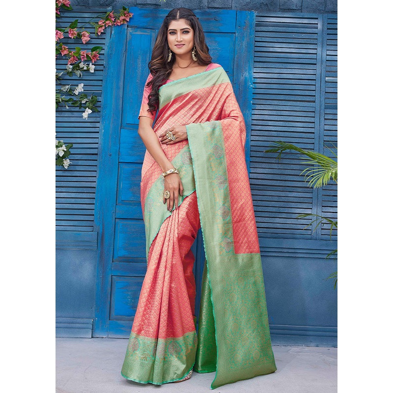 Pink Banarasi Silk Saree With Blouse Piece - JD986603487
