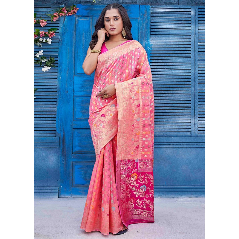 Pink Banarasi Silk Saree With Blouse Piece - JD986603488