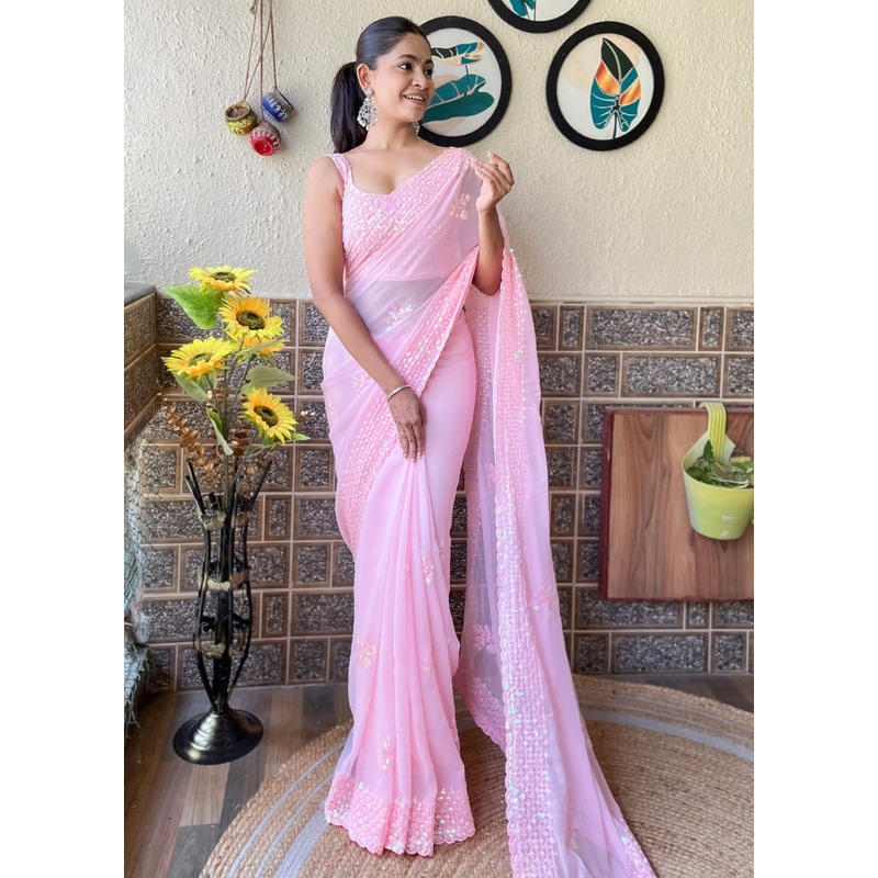 Pink Georgette Saree With Blouse Piece - JD986603483