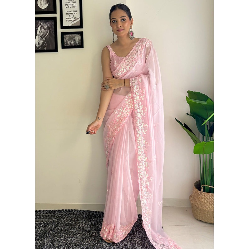 Pink Georgette Saree With Blouse Piece - JD986603622