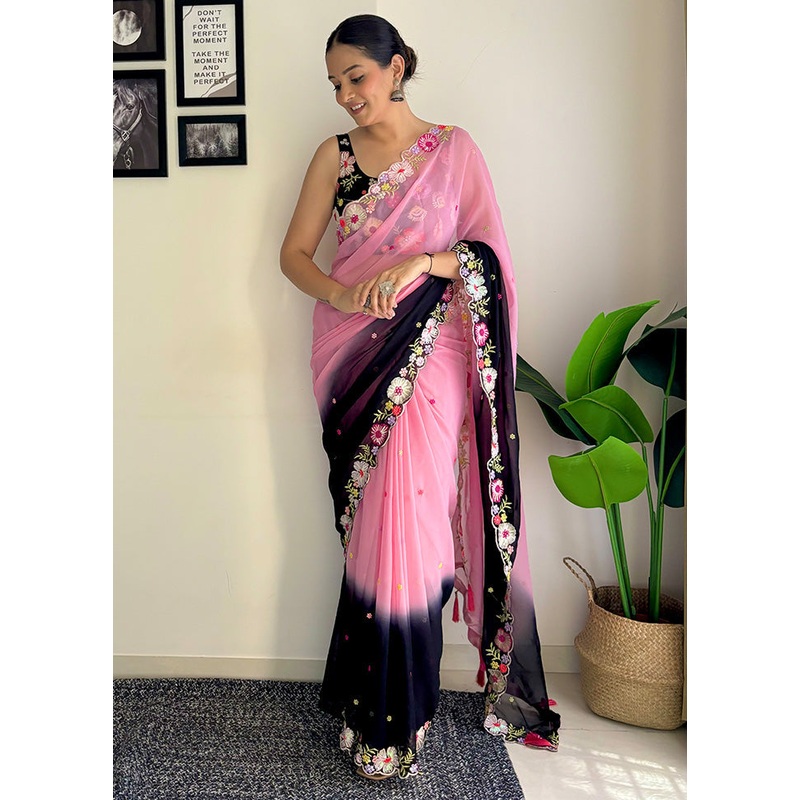 Pink Georgette Saree With Blouse Piece - JD986603623