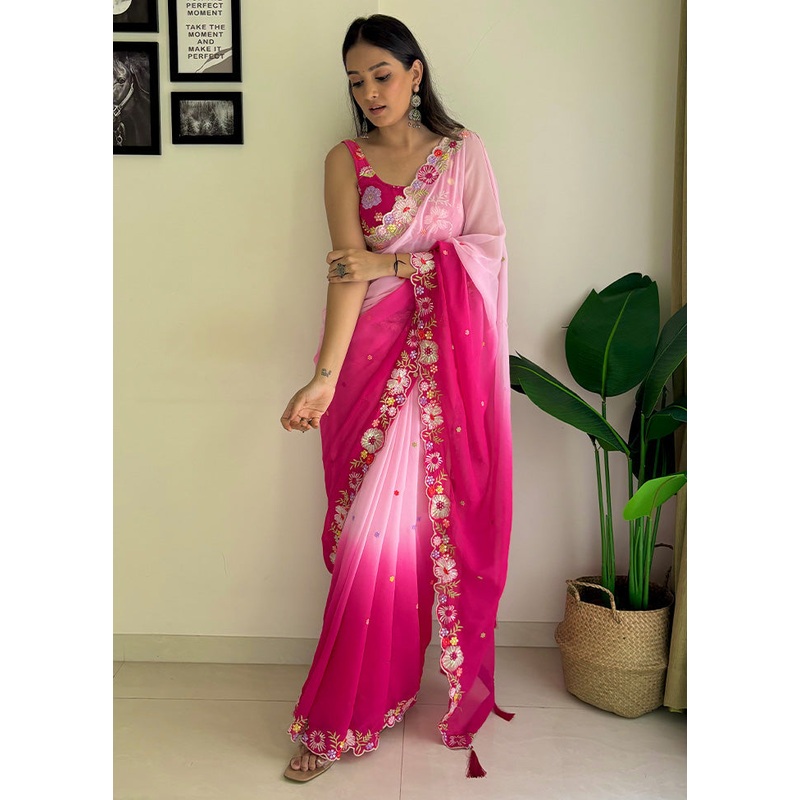 Pink Georgette Saree With Blouse Piece - JD986603624