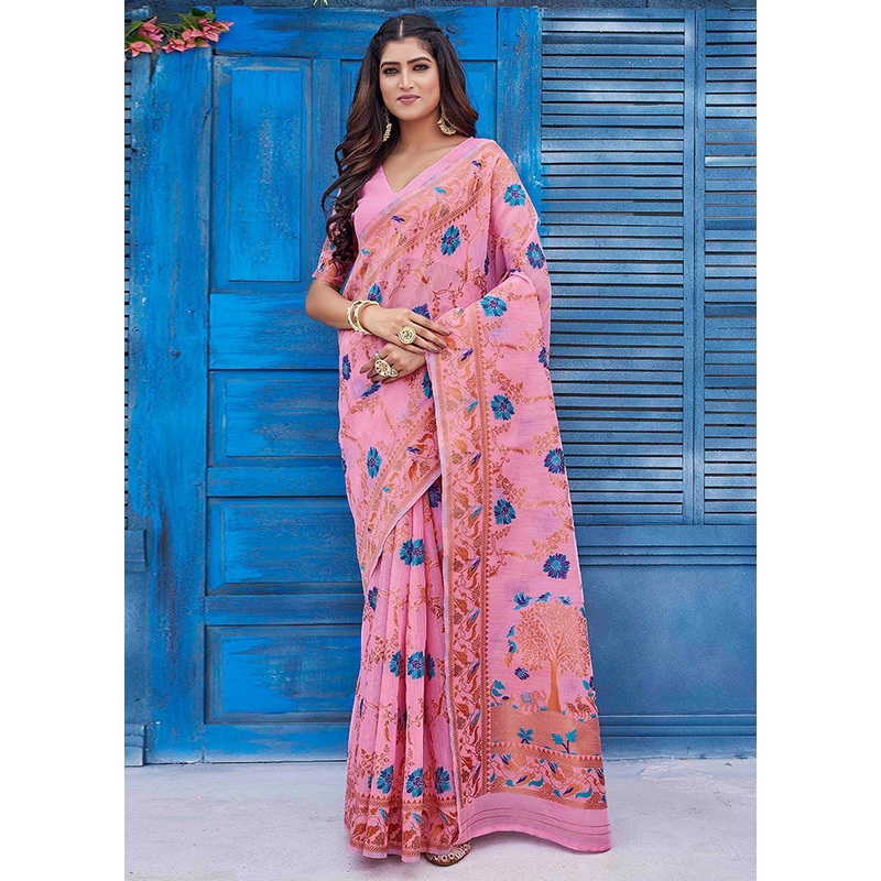 Pink Kanjivaram Silk Saree With Blouse Piece - JD986603482