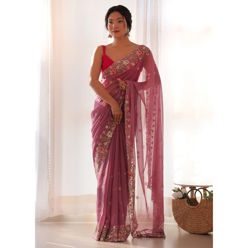 Pink Organza Saree With Blouse Piece - JD986603621