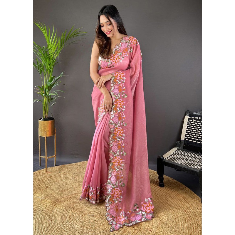 Pink Spun Silk Saree With Blouse Piece - JD986603620