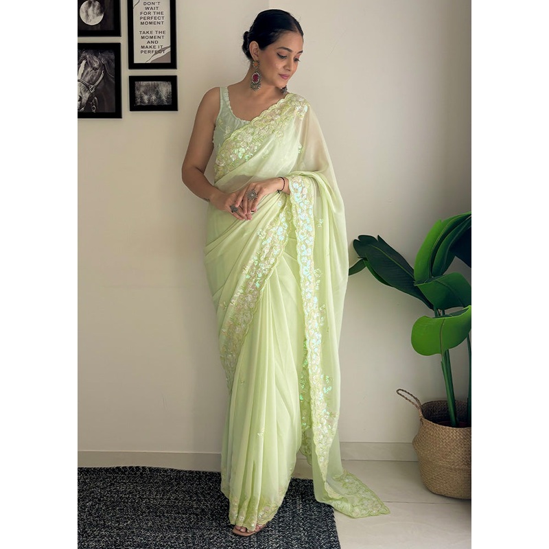 Pista Green Georgette Saree With Blouse Piece - JD986603616