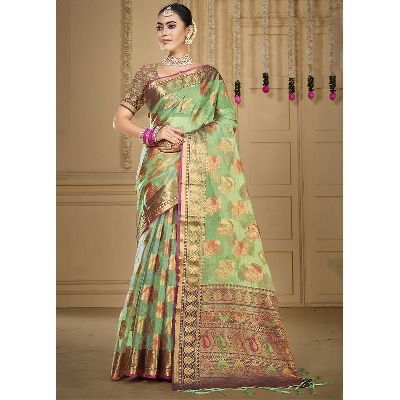 Pista Green Organza Saree With Blouse Piece - JD986603567