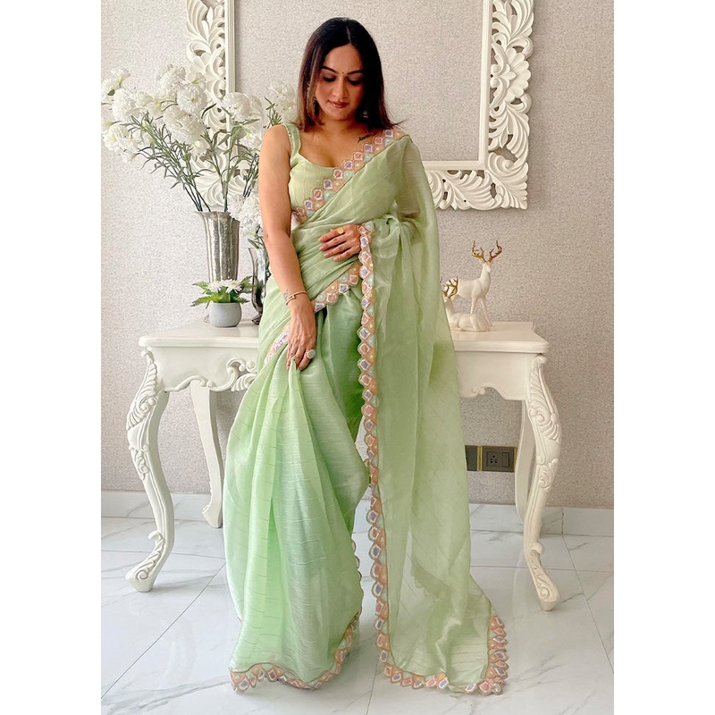 Pista Green Spun Silk Saree With Blouse Piece - JD986603615