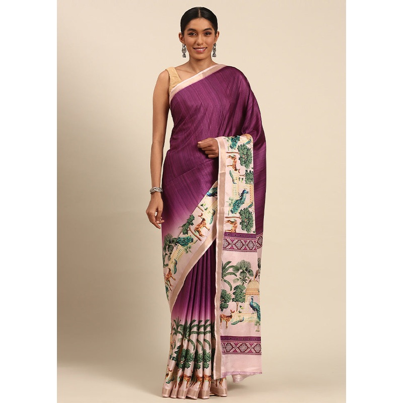 Purple Cotton Saree With Blouse Piece - JD986603565