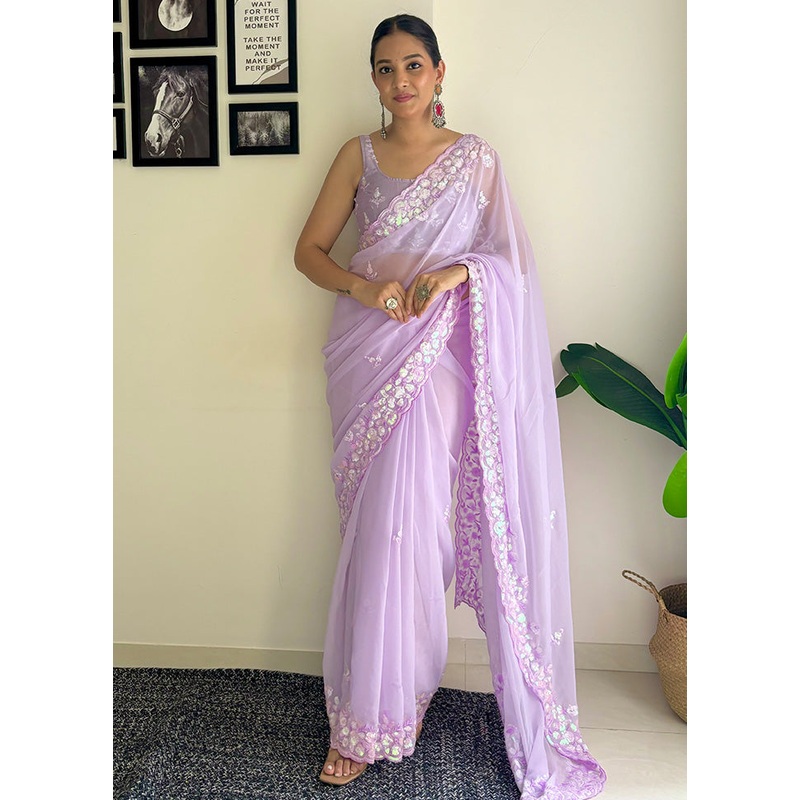 Purple Georgette Saree With Blouse Piece - JD986603613