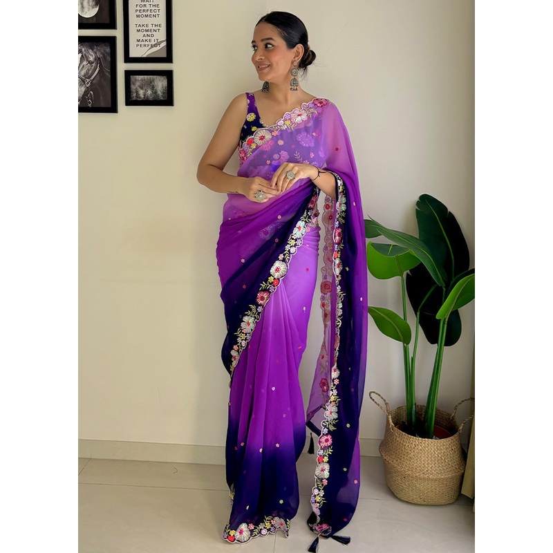 Purple Georgette Saree With Blouse Piece - JD986603614