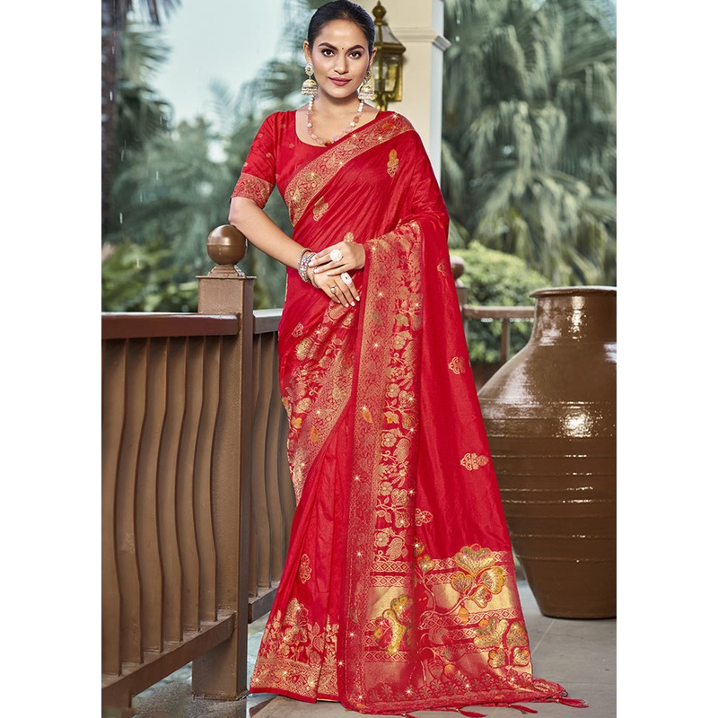 Red Dupion Silk Saree With Blouse Piece - JD986603558