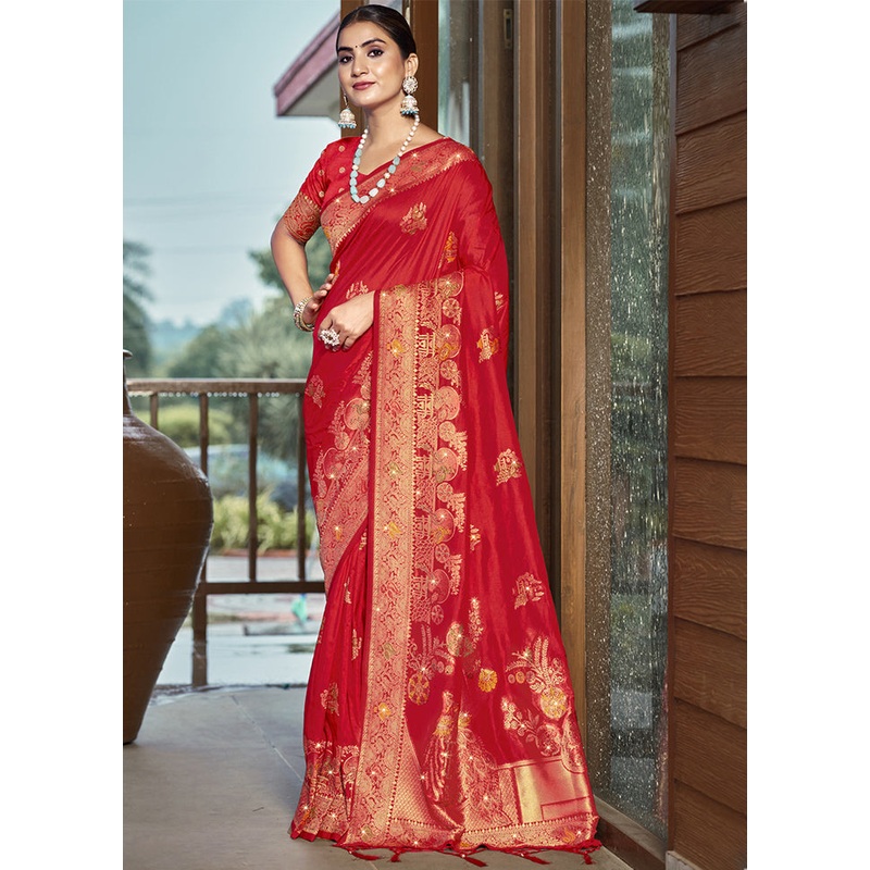 Red Dupion Silk Saree With Blouse Piece - JD986603559