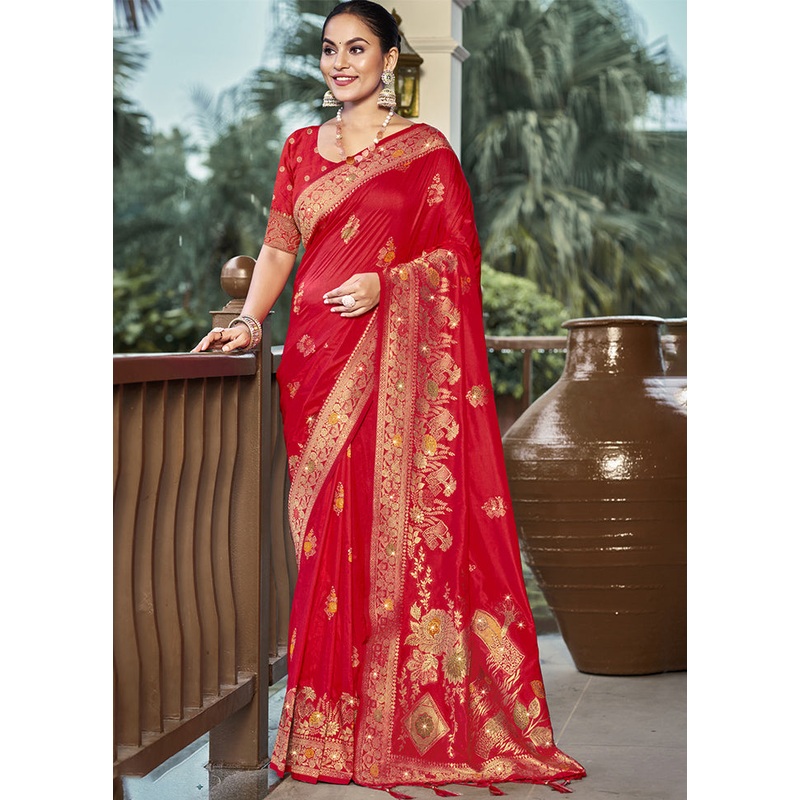 Red Dupion Silk Saree With Blouse Piece - JD986603560