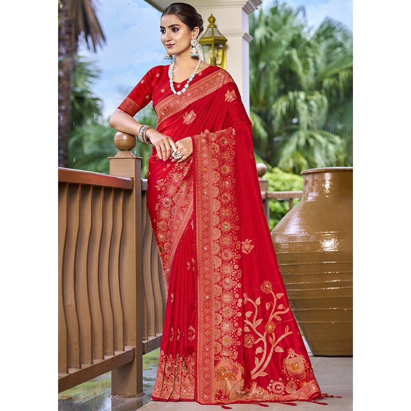 Red Dupion Silk Saree With Blouse Piece - JD986603561