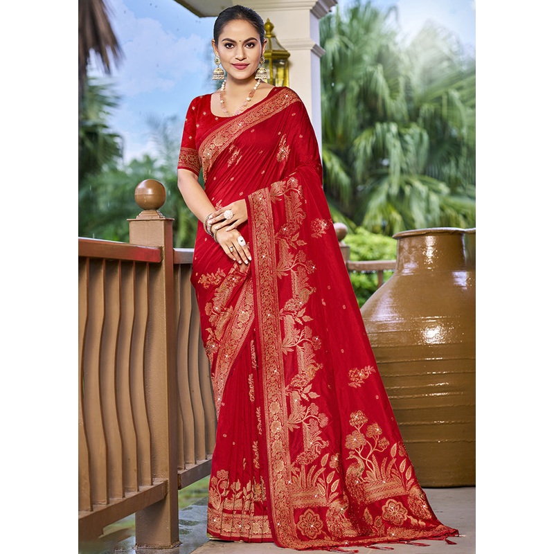 Red Dupion Silk Saree With Blouse Piece - JD986603562