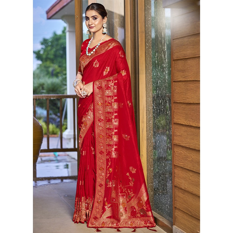 Red Dupion Silk Saree With Blouse Piece - JD986603563