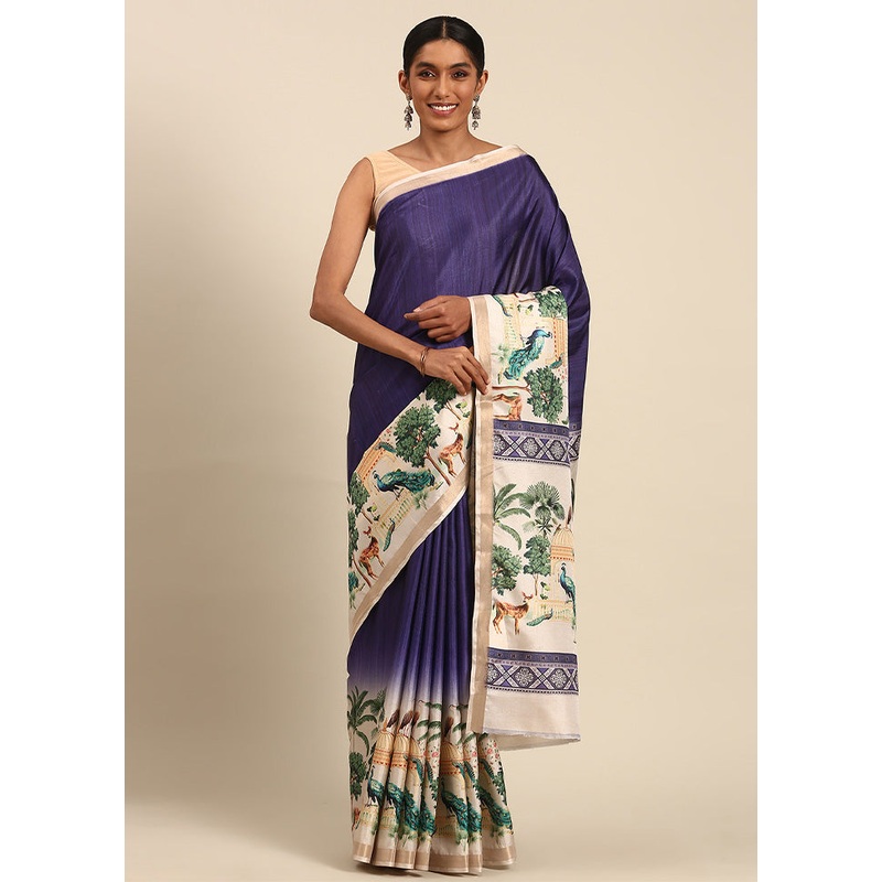 Royal Blue Cotton Saree With Blouse Piece - JD986603557