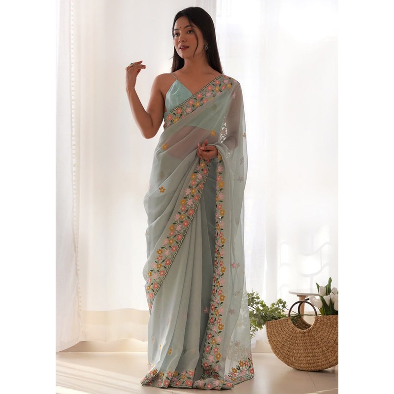Sea Green Organza Saree With Blouse Piece - JD986603611