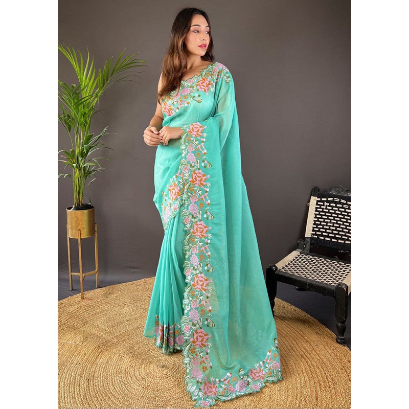 Sea Green Spun Silk Saree With Blouse Piece - JD986603610