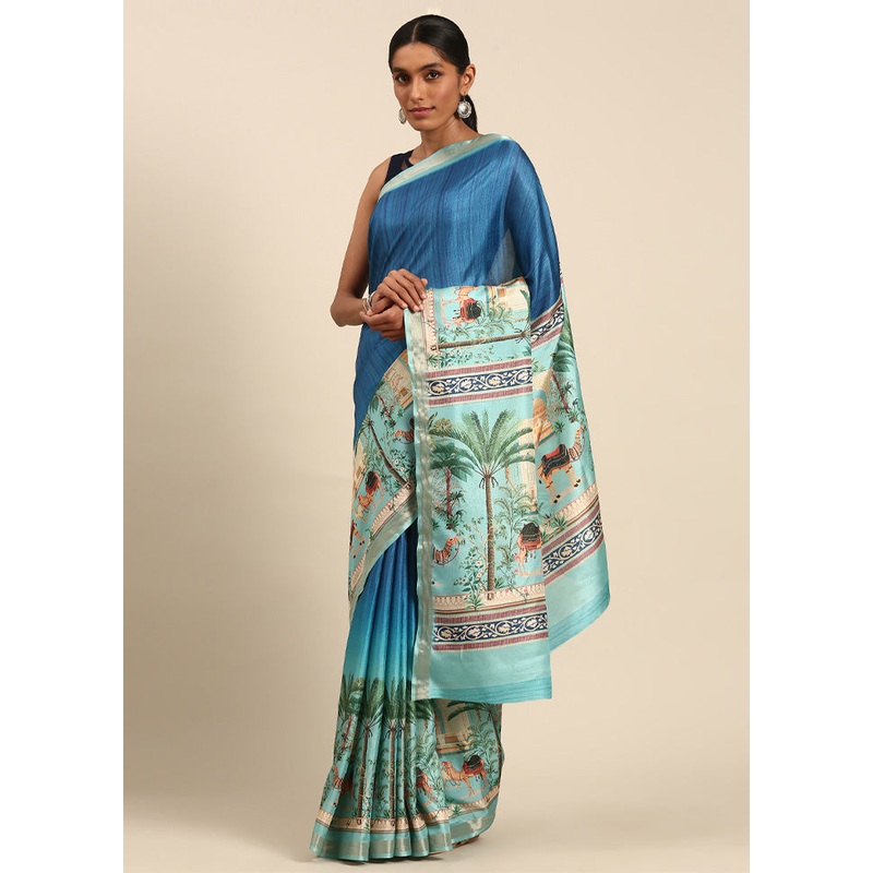 Sky Blue Cotton Saree With Blouse Piece - JD986603556