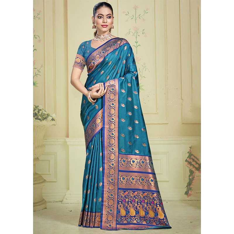 Sky Blue Dupion Silk Saree With Blouse Piece - JD986603554