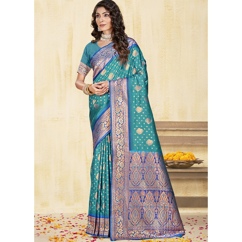 Sky Blue Dupion Silk Saree With Blouse Piece - JD986603555