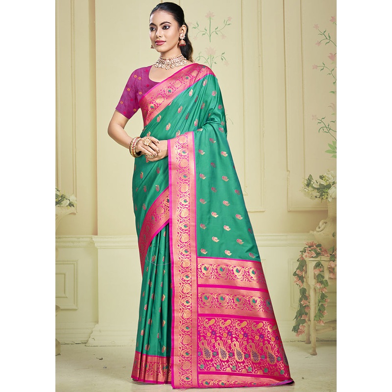 Teal Green Dupion Silk Saree With Blouse Piece - JD986603552