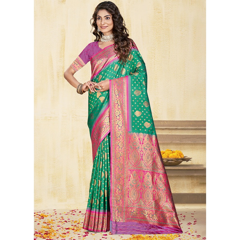 Teal Green Dupion Silk Saree With Blouse Piece - JD986603553