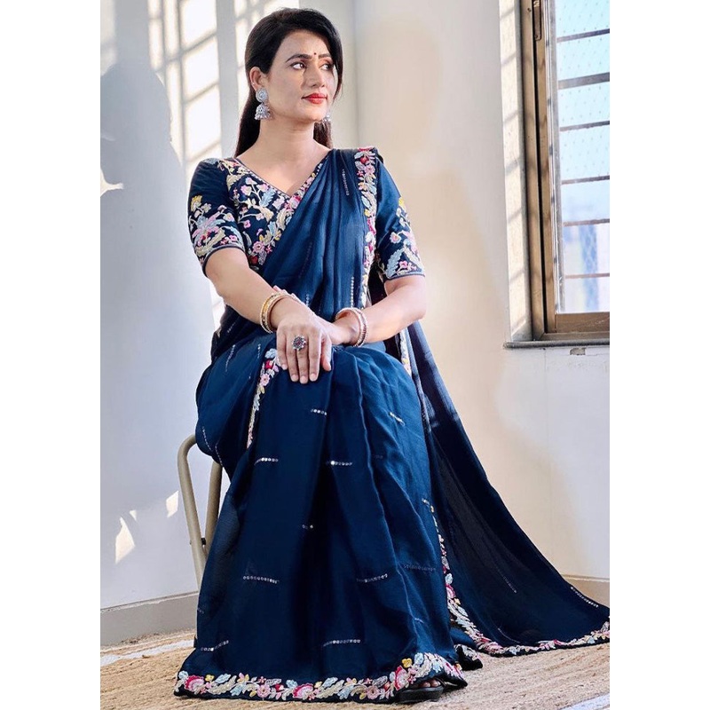 Teal Spun Silk Saree With Blouse Piece - JD986603608
