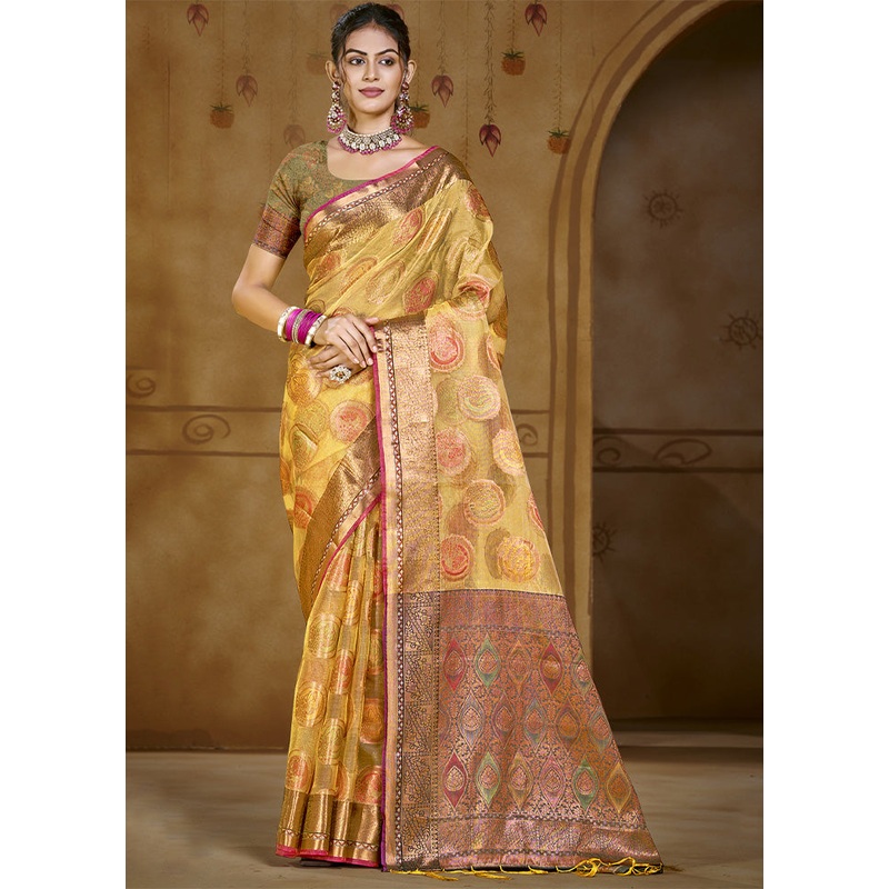 Yellow Organza Saree With Blouse Piece - JD986603549