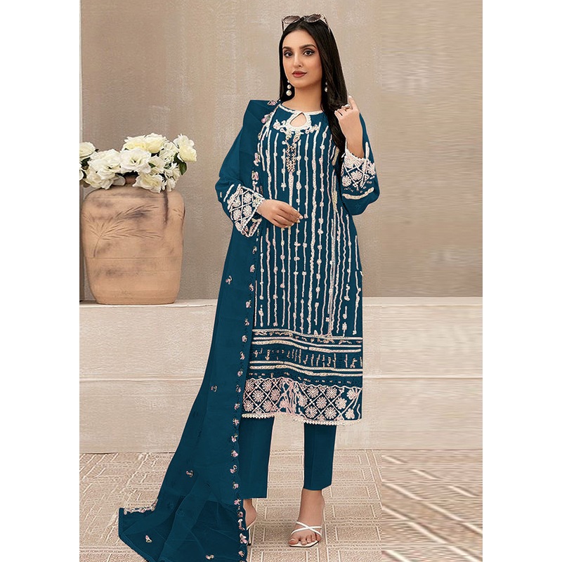 3 Pc Aqua Semi Stitched Georgette Suit Set - JD986603305