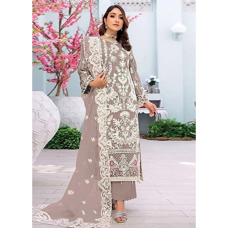 3 Pc Beige Semi Stitched Georgette Suit Set - JD986603303